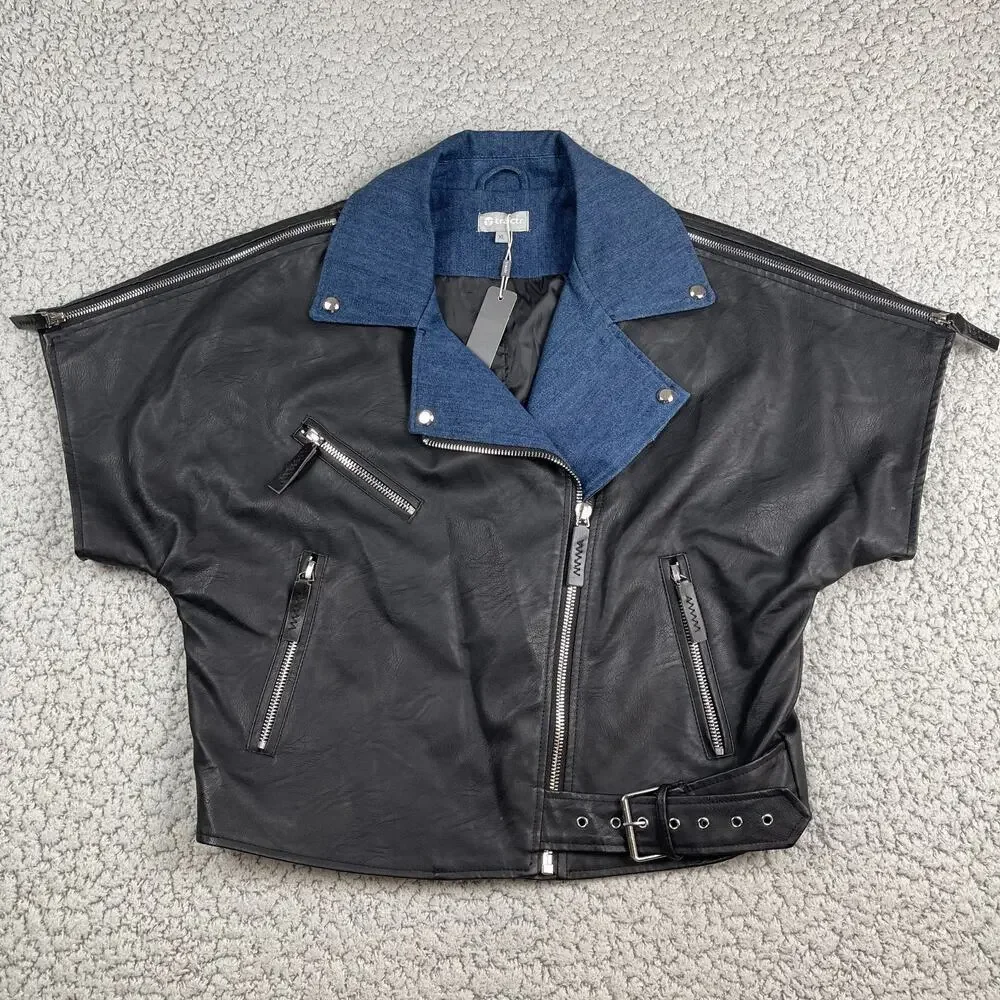 TRACTR Leather Denim Contrasting Moto Jacket Womens XL Short Sleeve Zip Biker - Picture 7 of 11